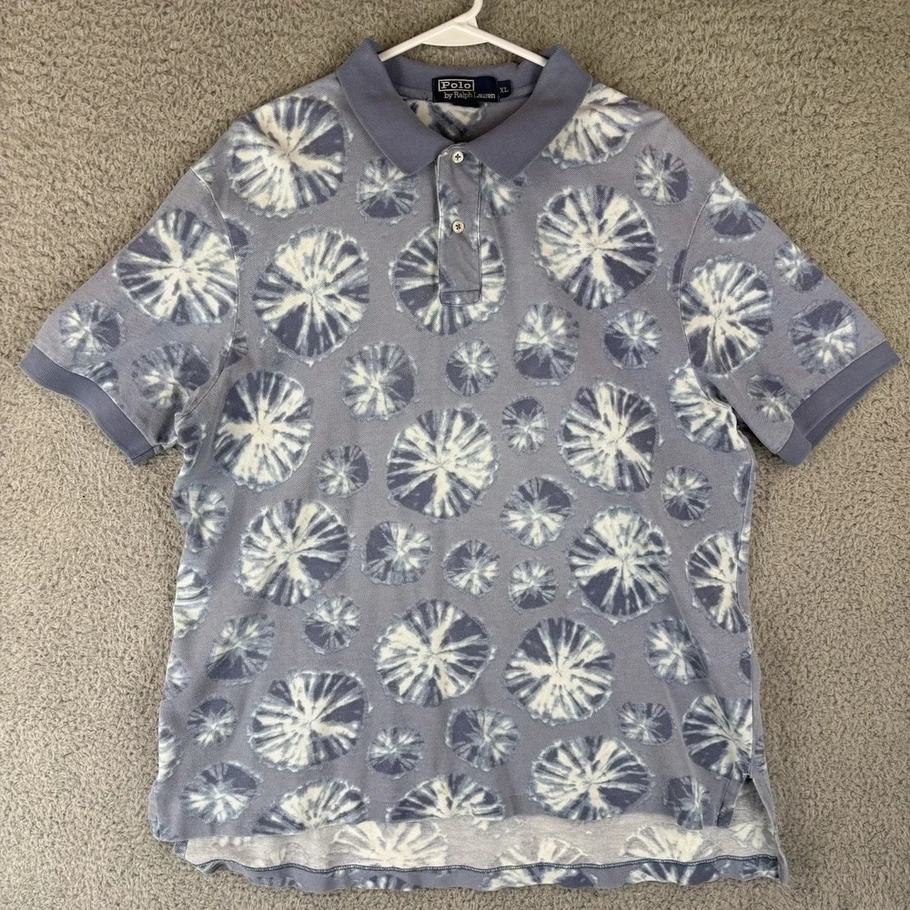 Vintage Polo Ralph Lauren Shirt Men XL Blue Jellyfish All Over Print Polo Cotton